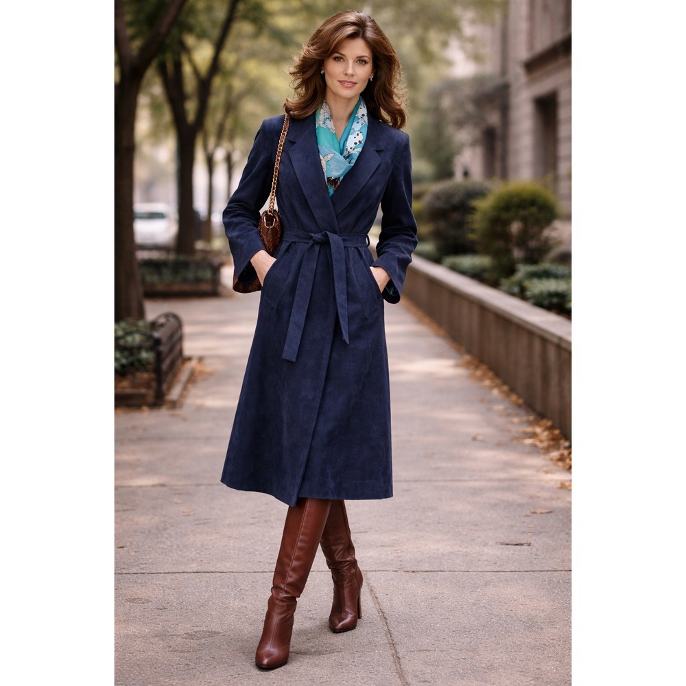 Vintage Lilli Ann Adolph Schuman Ultrasuede Wrap Trench Coat Navy Blue Long USA